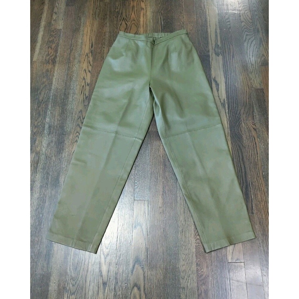 Vtg Terry Lewis Leather Pants Women's 10P Army Green Straight Leg High Rise NWOT